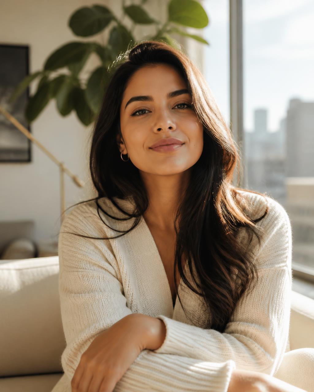 A confident woman at home in natural morning light